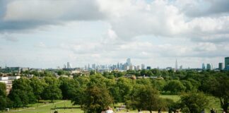 200 britische Unternehmen führen 4-Tage-Woche ein Personen in Park mit Skyline von London im Hintergrund.