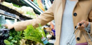 Nestlé, Coca-Cola und Co.: Ein Blick auf drei Riesen im globalen Lebensmittelmarkt Eine Person in einem beigen Mantel steht im Supermarkt vor einer Gemüsetheke. Sie hält einen drahtfertigen Einkaufskorb mit einer grünen Mineralwasserflasche, frischem Karottengrün, einer Zitrone, einer Zucchini, einem Baguette und zwei verpackten Lebensmitteln, während sie mit der anderen Hand nach Kohl und Brokkoli greift.