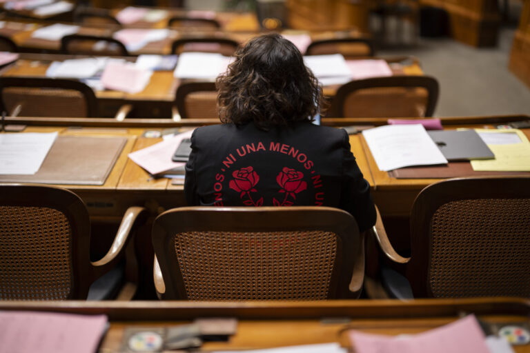 Rückansicht von Tamara Funiciello, die in einem Halbkreis mit Holzmöbeln sitzt, vor ihr Reihen von Schreibtischen, die mit Akten, Blättern und einem Laptop übersät sind. Sie trägt eine schwarze Jacke mit einer roten Aufschrift „Ni Una Menos” (Nicht eine weniger), die zwei stilisierte Rosen umgibt.