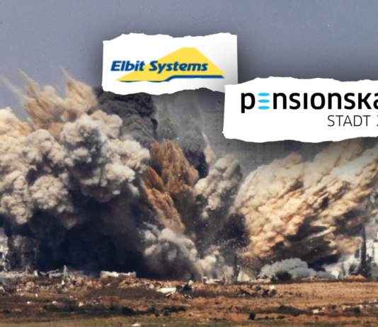 Investitionen in Elbit Systems: Stadtzürcher Pensionskasse profitiert vom Genozid in Gaza Der Rüstungskonzern Elbit Systems profitiert massgeblich vom Genozid in Gaza - trotzdem investiert die Pensionskasse der Stadt Zürich weiterhin in den Konzern. Foto: Keystone. Montage: Direkt.