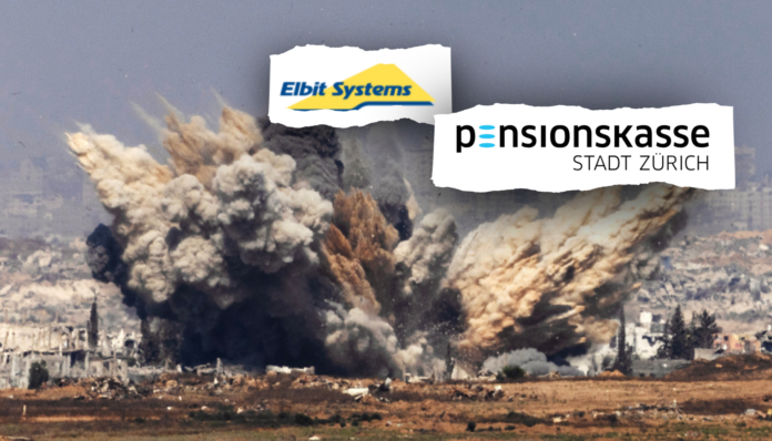 Der Rüstungskonzern Elbit Systems profitiert massgeblich vom Genozid in Gaza - trotzdem investiert die Pensionskasse der Stadt Zürich weiterhin in den Konzern. Foto: Keystone. Montage: Direkt.